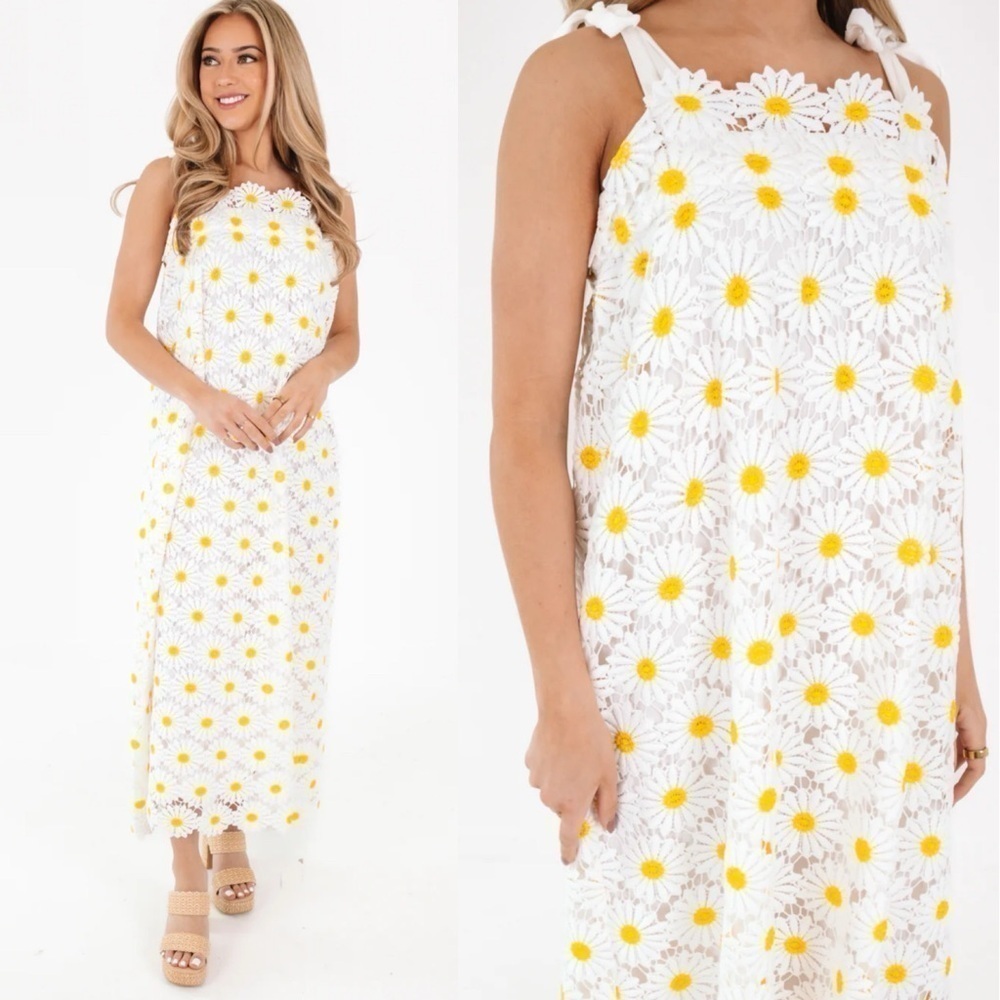 J. Marie Jenna Tie Strap Square Neck White Floral Daisy Lace Shift Midi Dress